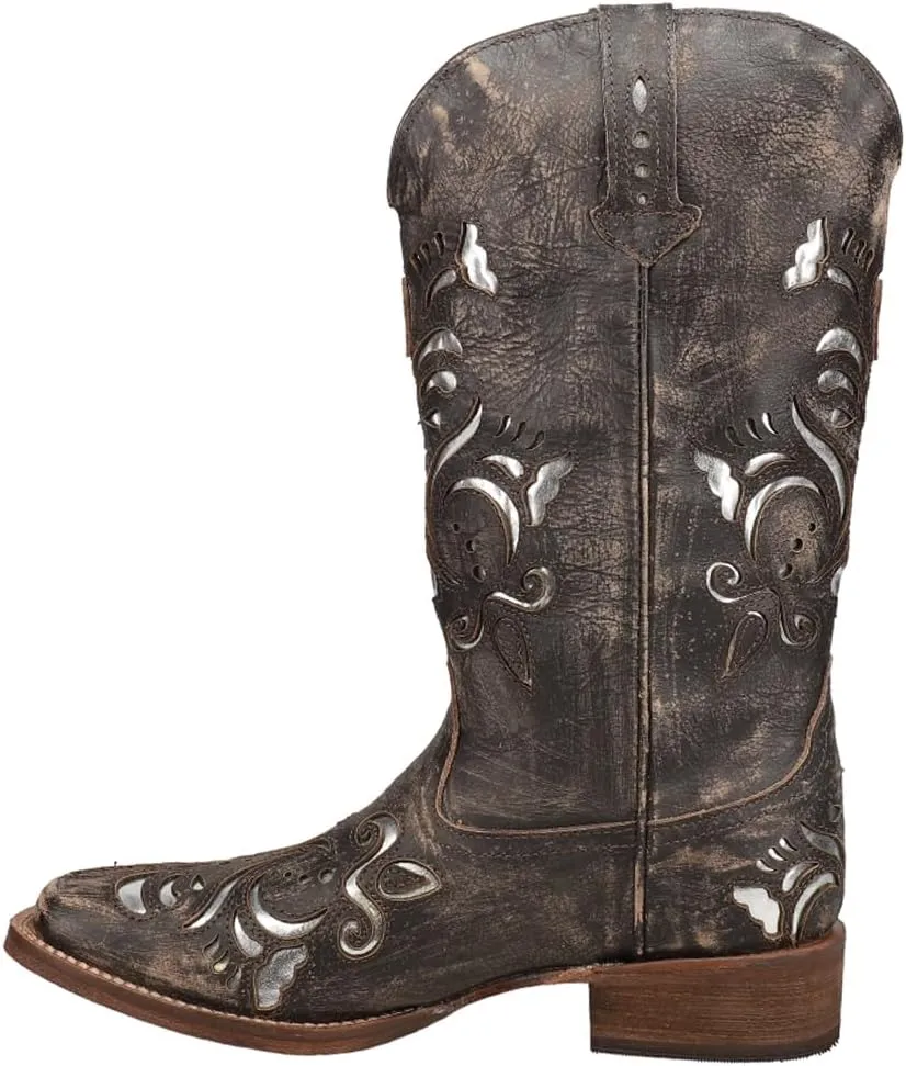 ROPER Womens Belle Metallic Tooled Inlay Square Toe Casual Boots Mid Calf Low Heel 1-2" - Black