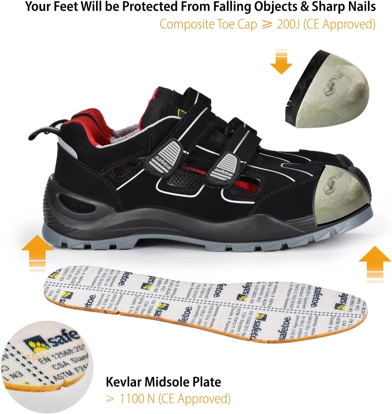 SAFETOE Safety Shoes for Men Composite Toe Work Shoes Lightweight Cow Leather Puncture Proof Slip On Summer Work Boots Wide Fit
