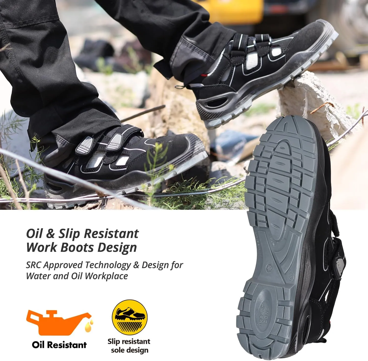 SAFETOE Safety Shoes for Men Composite Toe Work Shoes Lightweight Cow Leather Puncture Proof Slip On Summer Work Boots Wide Fit