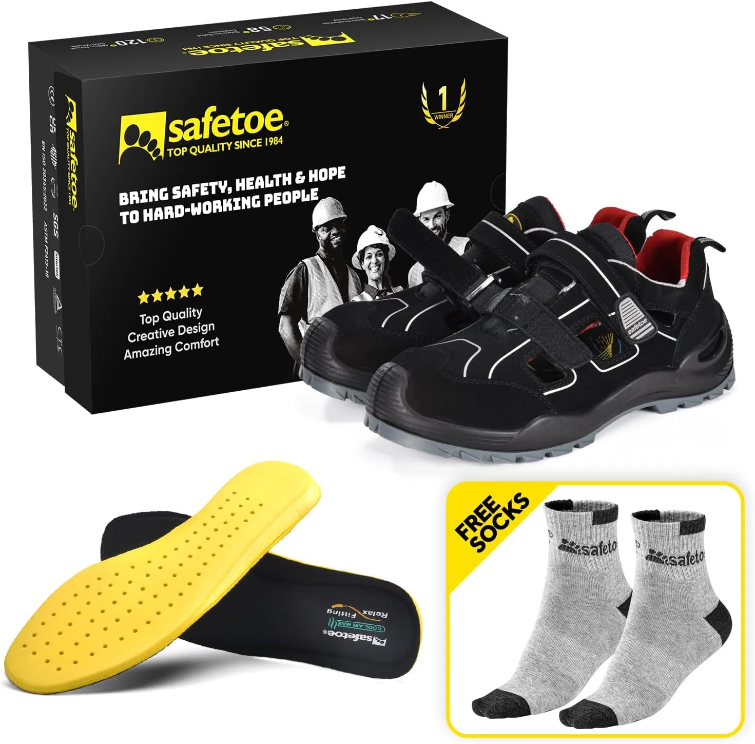 SAFETOE Safety Shoes for Men Composite Toe Work Shoes Lightweight Cow Leather Puncture Proof Slip On Summer Work Boots Wide Fit