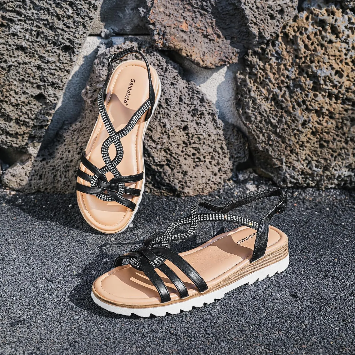 Saidoteto Women's Wide Flat Sandals,Casual Open Toe Strappy Slip-on Summer Dressy Platfoam Sandals with Sparkling Rhinestones