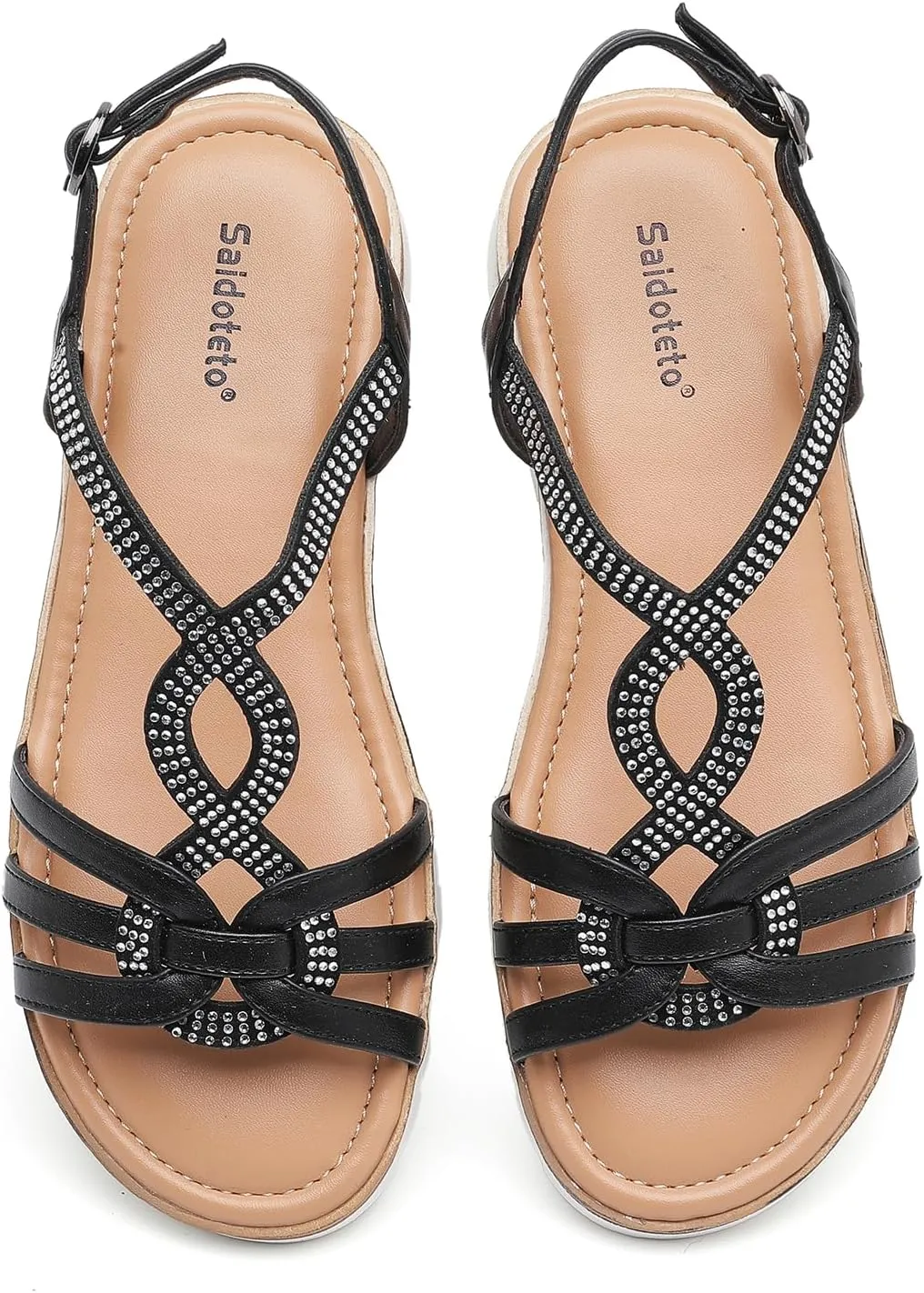 Saidoteto Women's Wide Flat Sandals,Casual Open Toe Strappy Slip-on Summer Dressy Platfoam Sandals with Sparkling Rhinestones