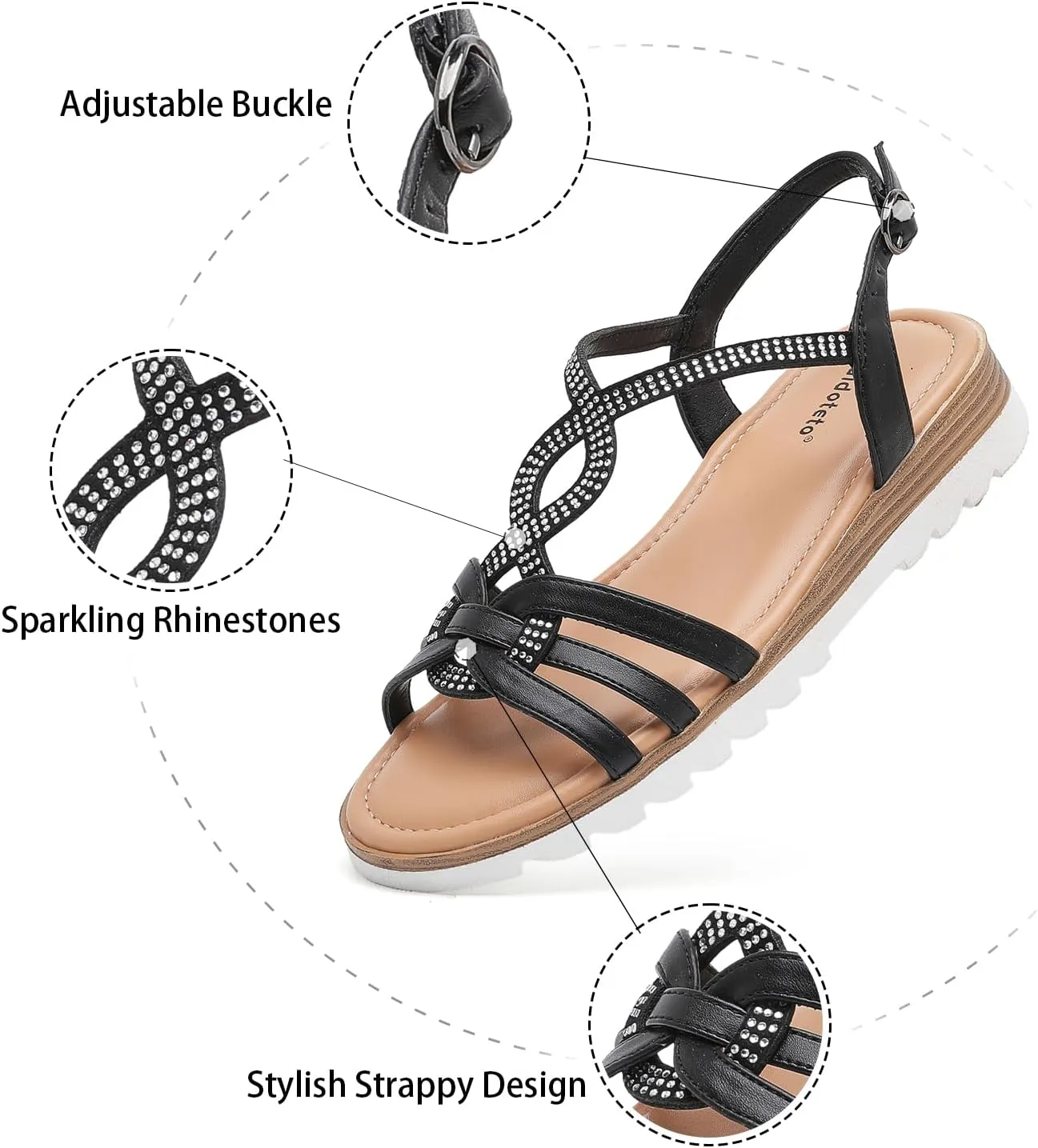 Saidoteto Women's Wide Flat Sandals,Casual Open Toe Strappy Slip-on Summer Dressy Platfoam Sandals with Sparkling Rhinestones