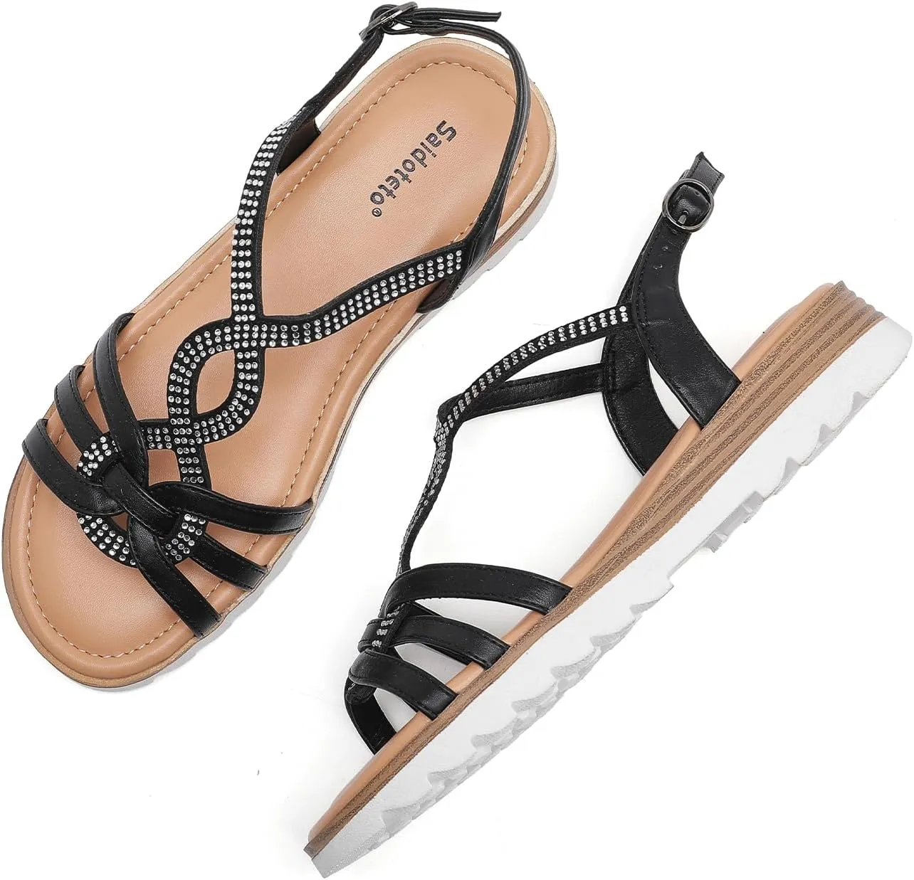 Saidoteto Women's Wide Flat Sandals,Casual Open Toe Strappy Slip-on Summer Dressy Platfoam Sandals with Sparkling Rhinestones