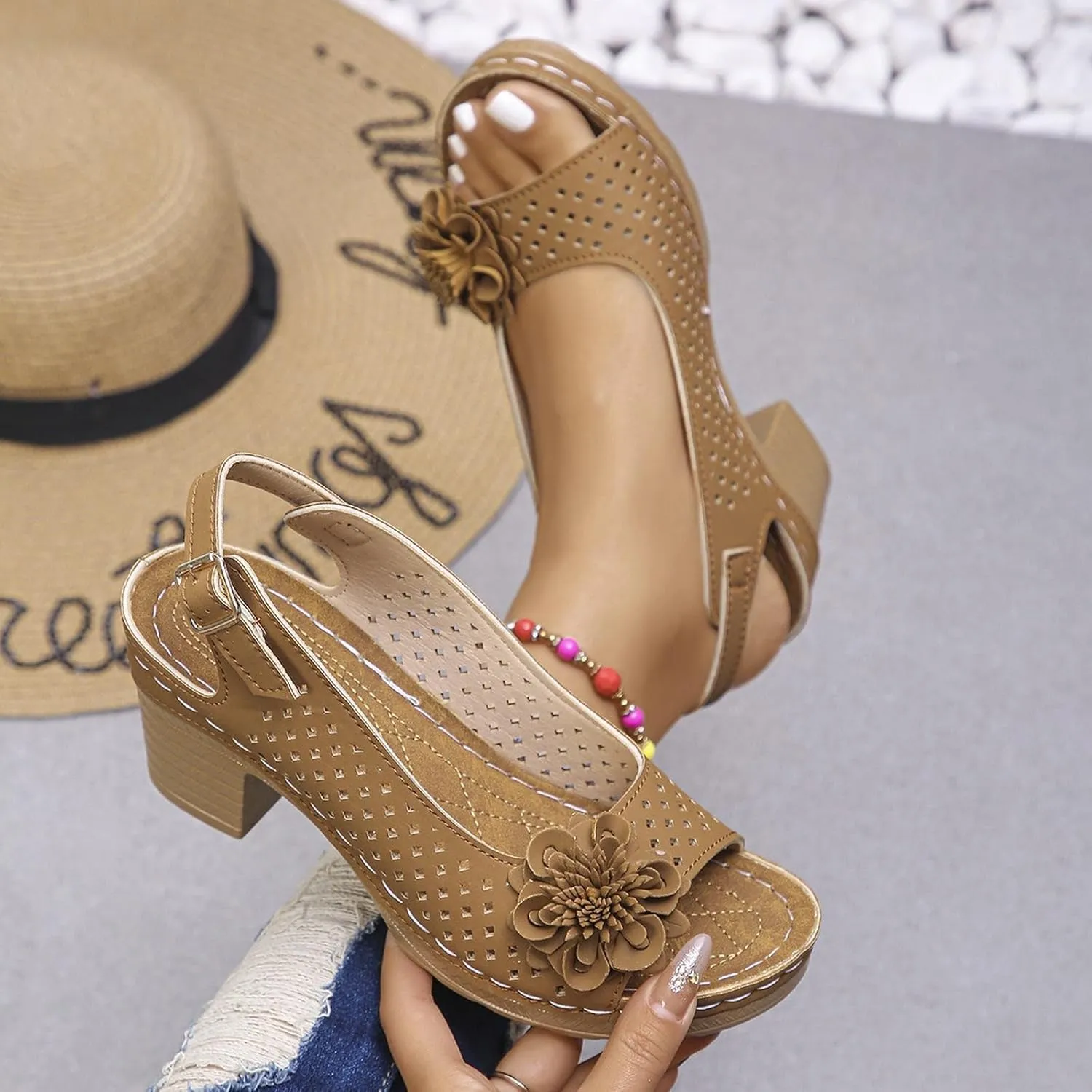 Sandals for Women 2025 Summer Casual Ankle Strap Hollow Out Platform Wedge Sandal Beach Chunky Block Heel Flower Sandal