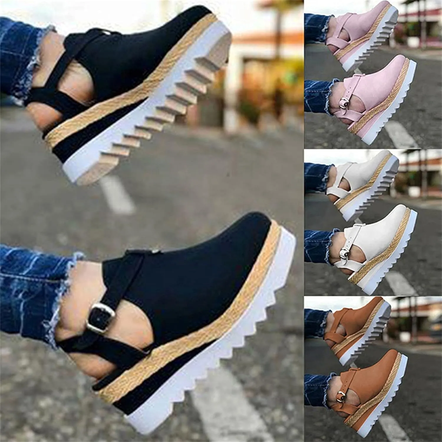 Sandals for Women Casual Summer Closed Toe Platform Sandal Shoes Casual Hollow Ankle Straps Shoes Slip On Soft Shoes,Black,US9/EU41