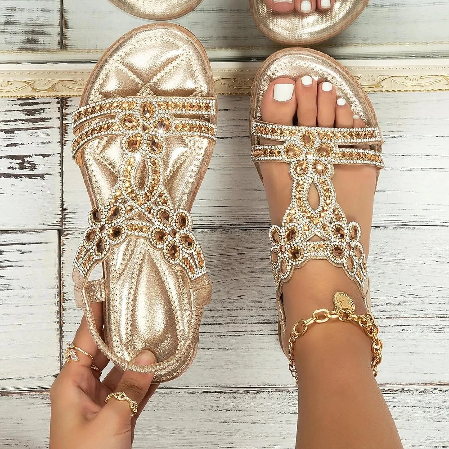 Sandals for Women Casual Summer Rhinestone Sandals Sparkly Bling Bohemian Flat Sandal Elastic Ankle Strap Beach Shoes