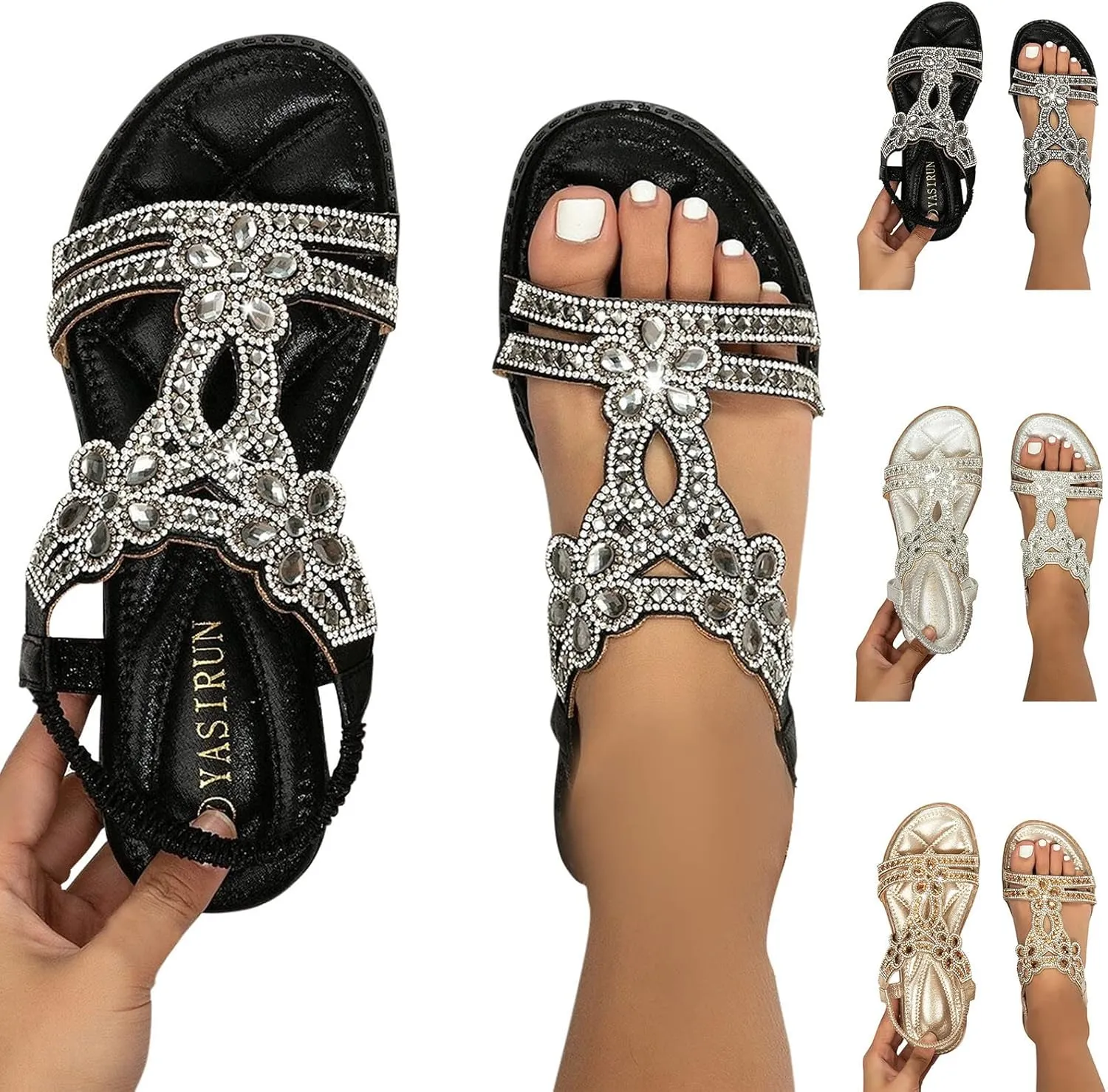 Sandals for Women Casual Summer Rhinestone Sandals Sparkly Bling Bohemian Flat Sandal Elastic Ankle Strap Beach Shoes