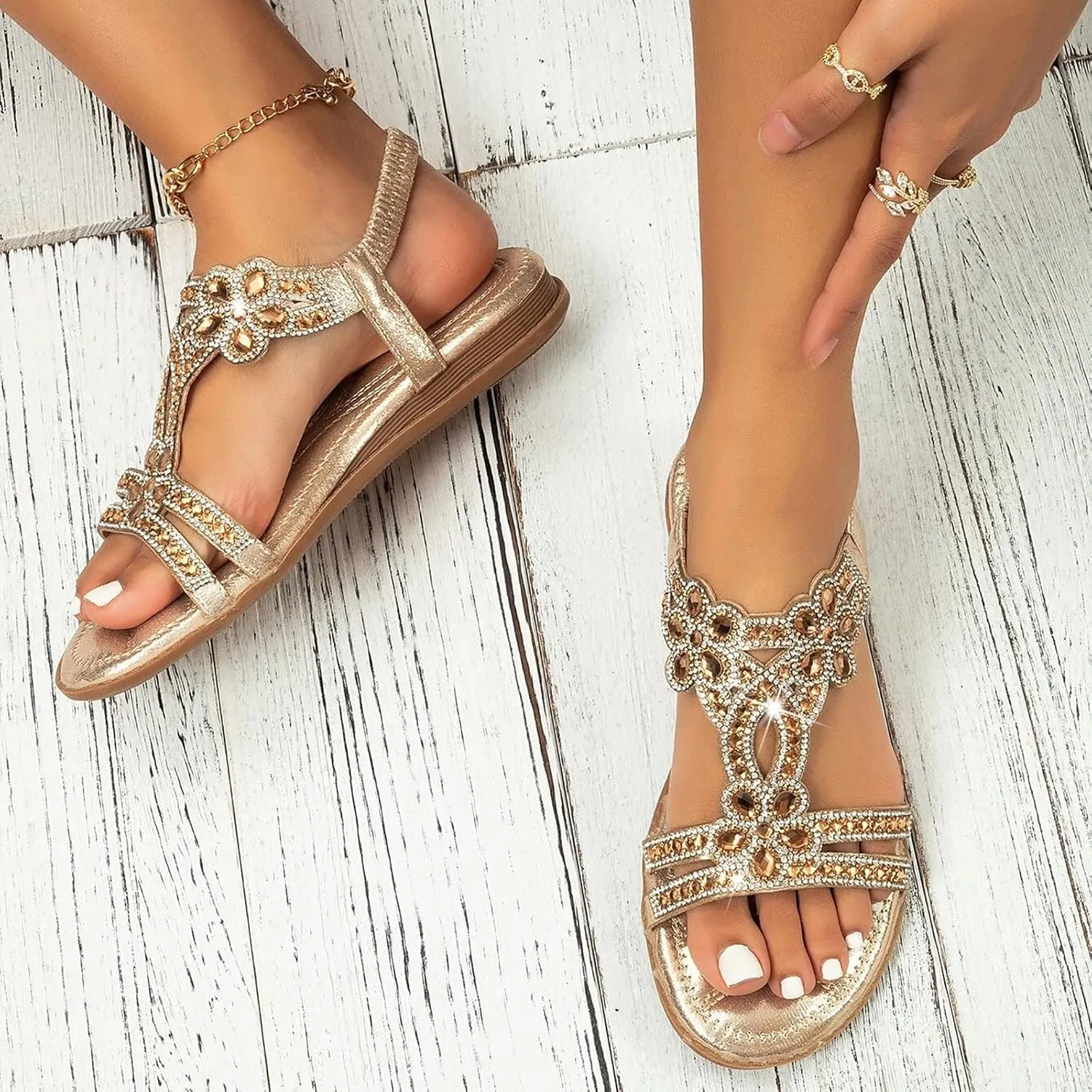 Sandals for Women Casual Summer Rhinestone Sandals Sparkly Bling Bohemian Flat Sandal Elastic Ankle Strap Beach Shoes