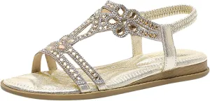 Sandals for Women Casual Summer Rhinestone Sandals Sparkly Bling Bohemian Flat Sandal Elastic Ankle Strap Beach Shoes
