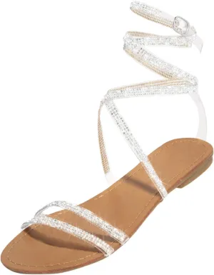 Sandals for Women Dressy Casual Comfortable Summer Flat Summer Rhinestone Beaded Sparkly Bling Bohemian Lace Flower Sandal
