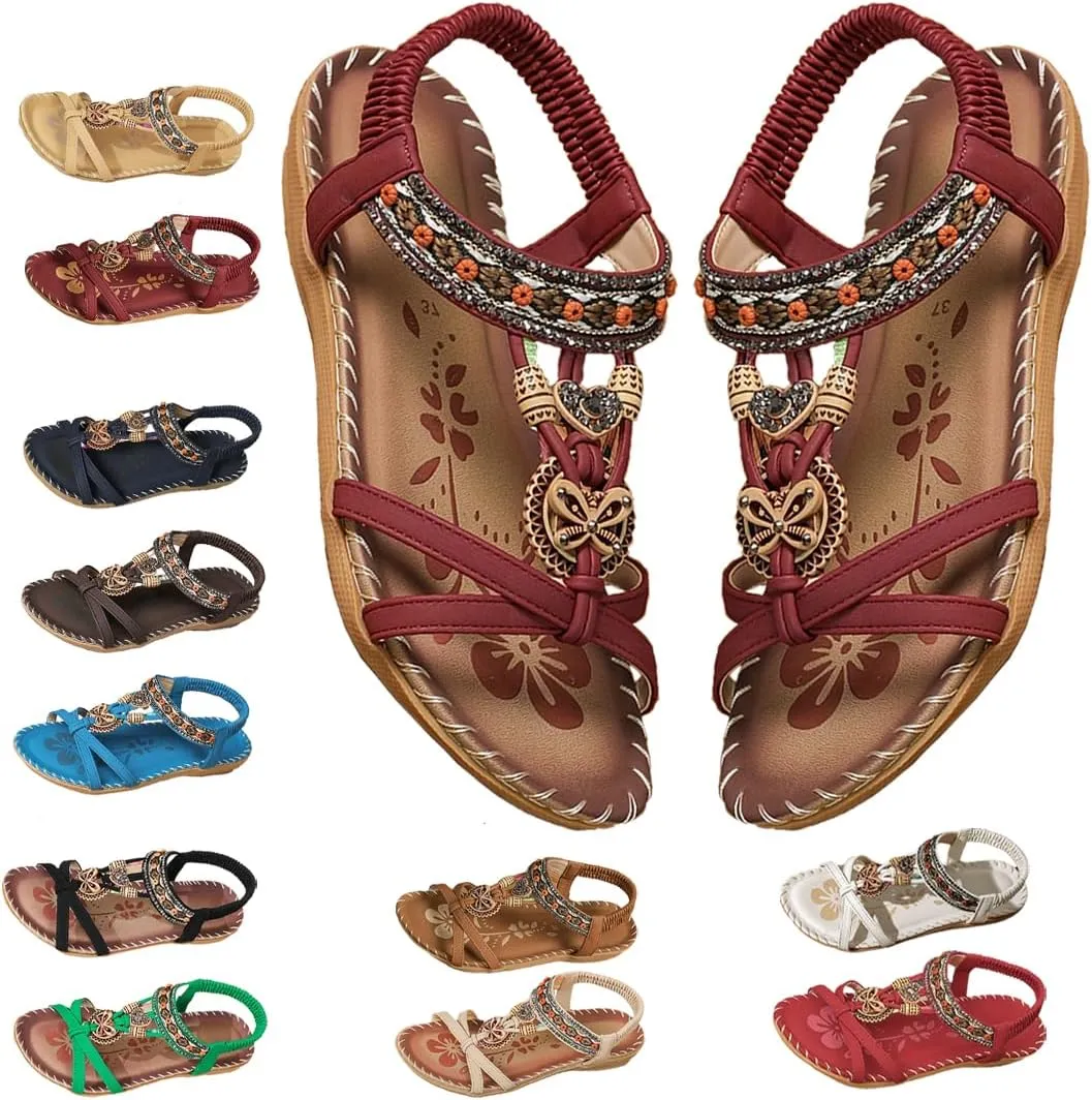 Sandals for Women Flats Shoes with Cushion Footbed Comfortable Casual Flats Sandals Summer Bohemia Flip Flops