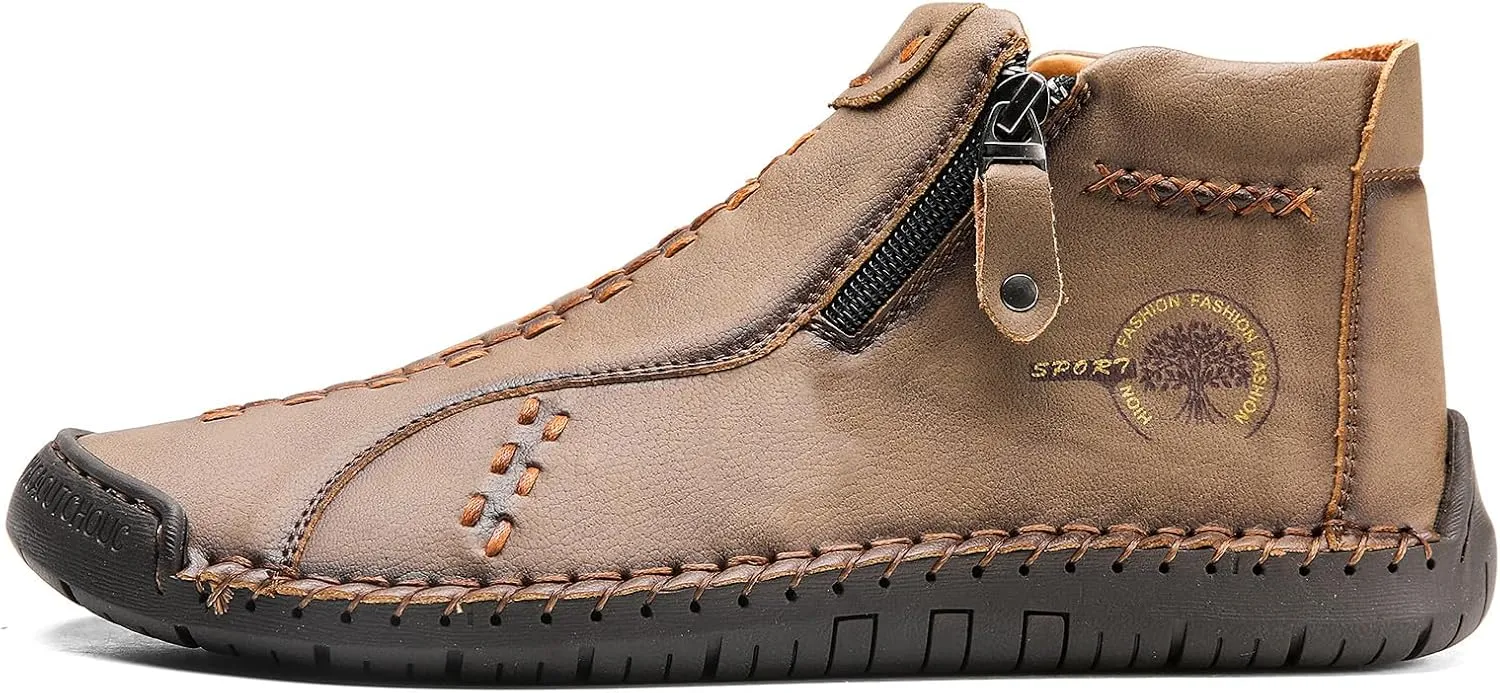 Sanearde Men's Chukka Boots Handmade Casual Leather Loafers Non Slip Hiking Ankle Booties Fashion Comfortable Driving Shoes