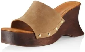 SCHUTZ Lanneh Beige Slip On Open Toe Metallic Studs Wooden Wedges Heeled Sandals