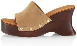 SCHUTZ Lanneh Beige Slip On Open Toe Metallic Studs Wooden Wedges Heeled Sandals