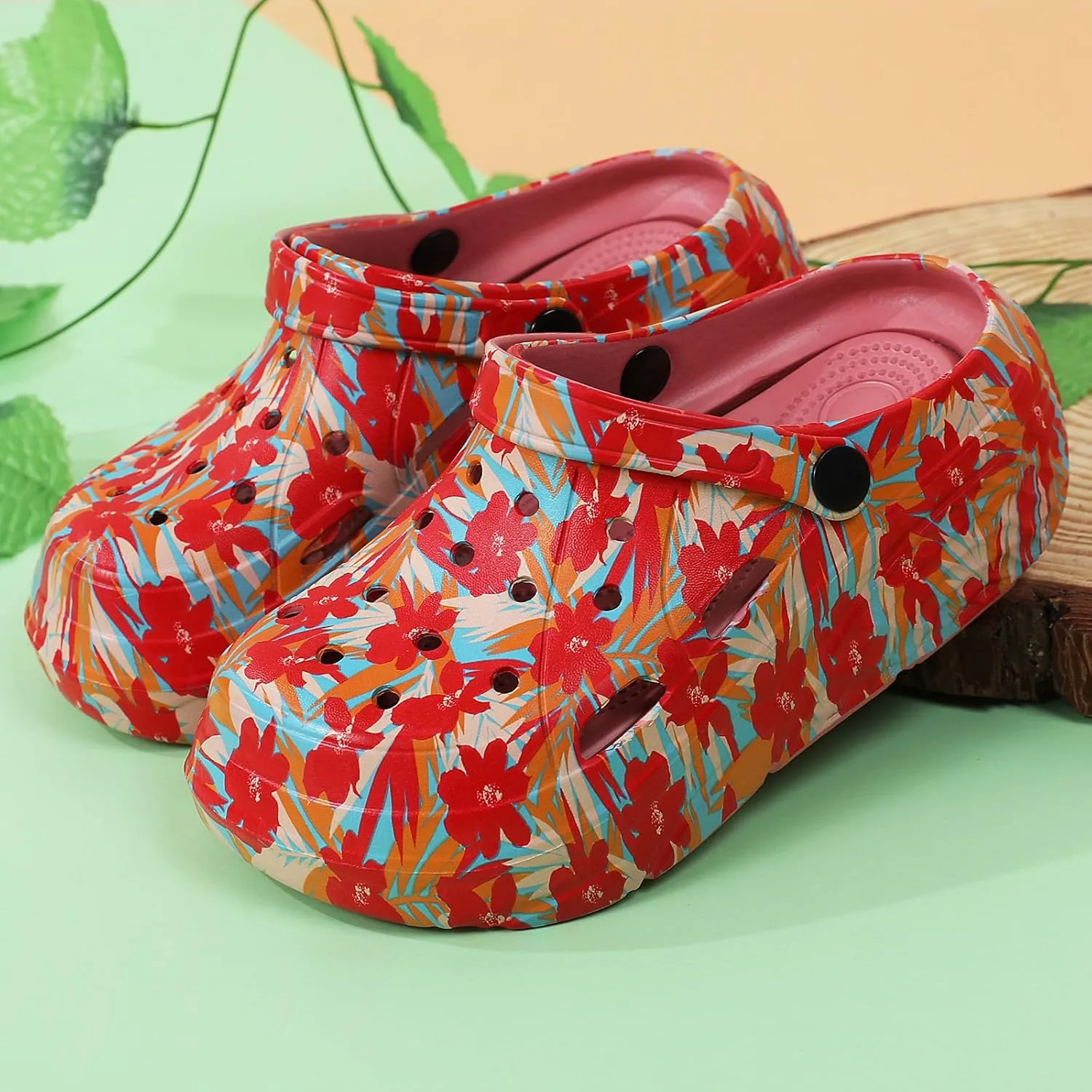 SECHRITE Womens Platform Graphic Clogs Garden Shoes Slip On Sandals Water Beach Outdoor Slippers Shoes with Removable Insole