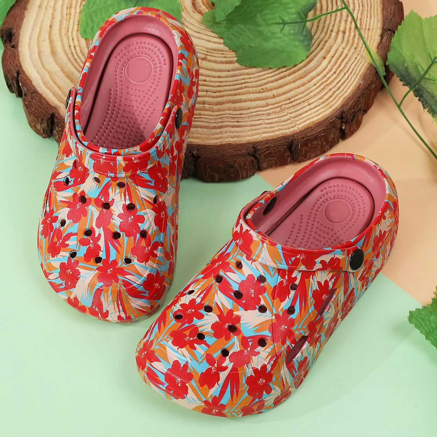 SECHRITE Womens Platform Graphic Clogs Garden Shoes Slip On Sandals Water Beach Outdoor Slippers Shoes with Removable Insole