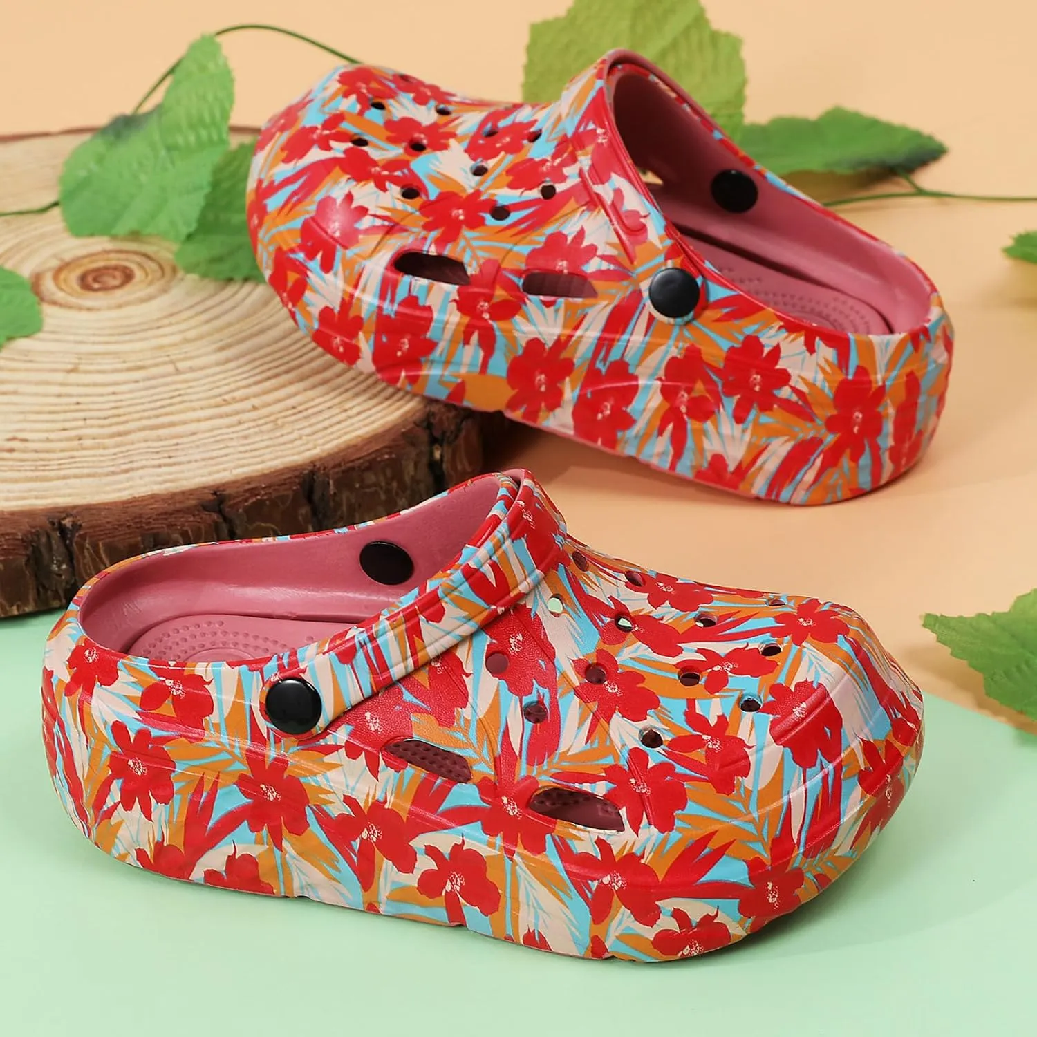 SECHRITE Womens Platform Graphic Clogs Garden Shoes Slip On Sandals Water Beach Outdoor Slippers Shoes with Removable Insole