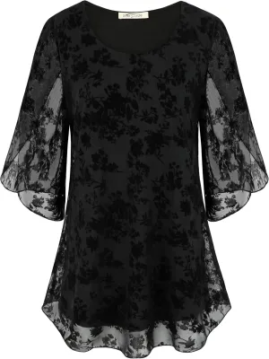 SeSe Code Womens Ruffle 3/4 Sleeve Mesh Blouses Loose Flowy Tops Stretchy Shirts