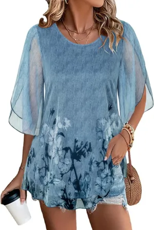 SeSe Code Womens Ruffle 3/4 Sleeve Mesh Blouses Loose Flowy Tops Stretchy Shirts