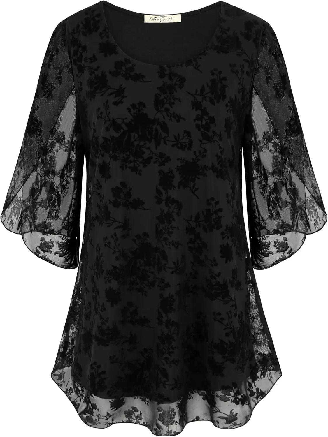 SeSe Code Womens Ruffle 3/4 Sleeve Mesh Blouses Loose Flowy Tops Stretchy Shirts