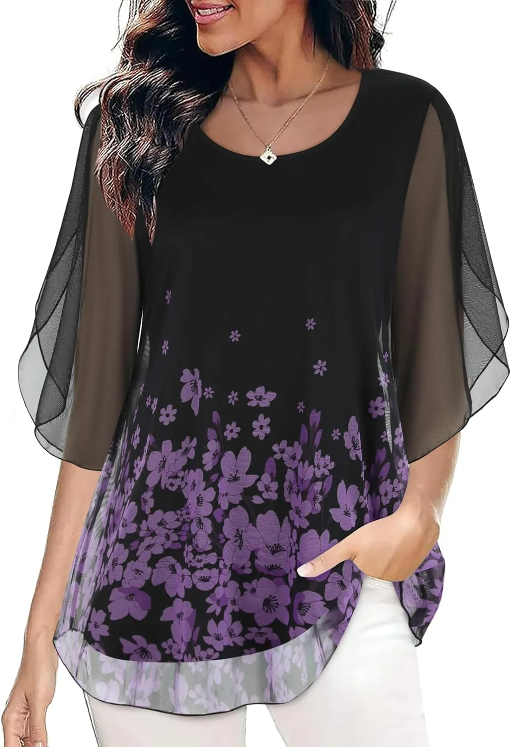 SeSe Code Womens Ruffle 3/4 Sleeve Mesh Blouses Loose Flowy Tops Stretchy Shirts