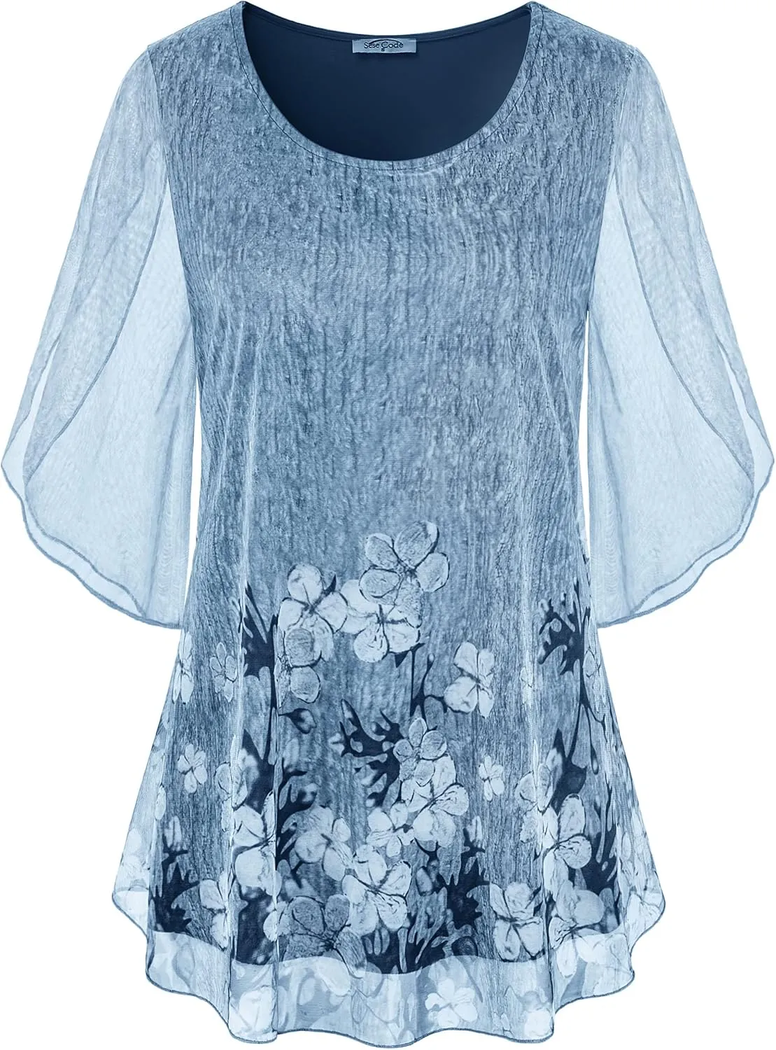 SeSe Code Womens Ruffle 3/4 Sleeve Mesh Blouses Loose Flowy Tops Stretchy Shirts