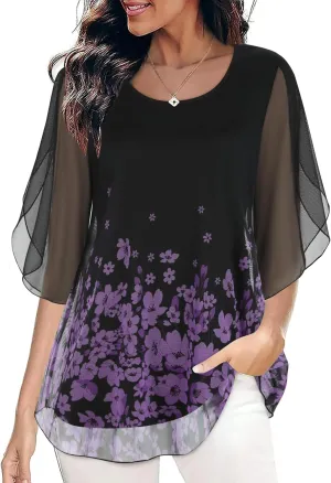 SeSe Code Womens Ruffle 3/4 Sleeve Mesh Blouses Loose Flowy Tops Stretchy Shirts