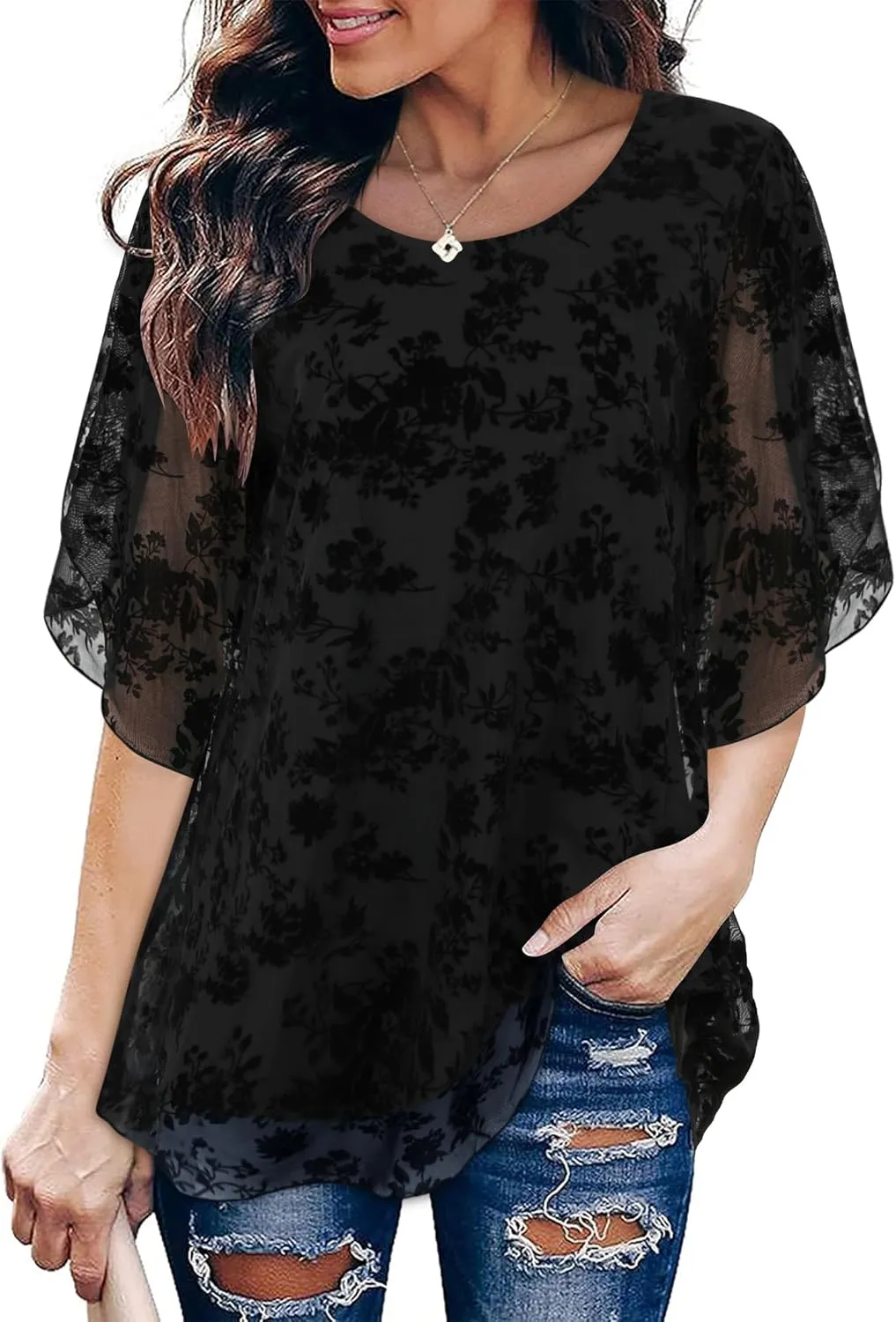SeSe Code Womens Ruffle 3/4 Sleeve Mesh Blouses Loose Flowy Tops Stretchy Shirts