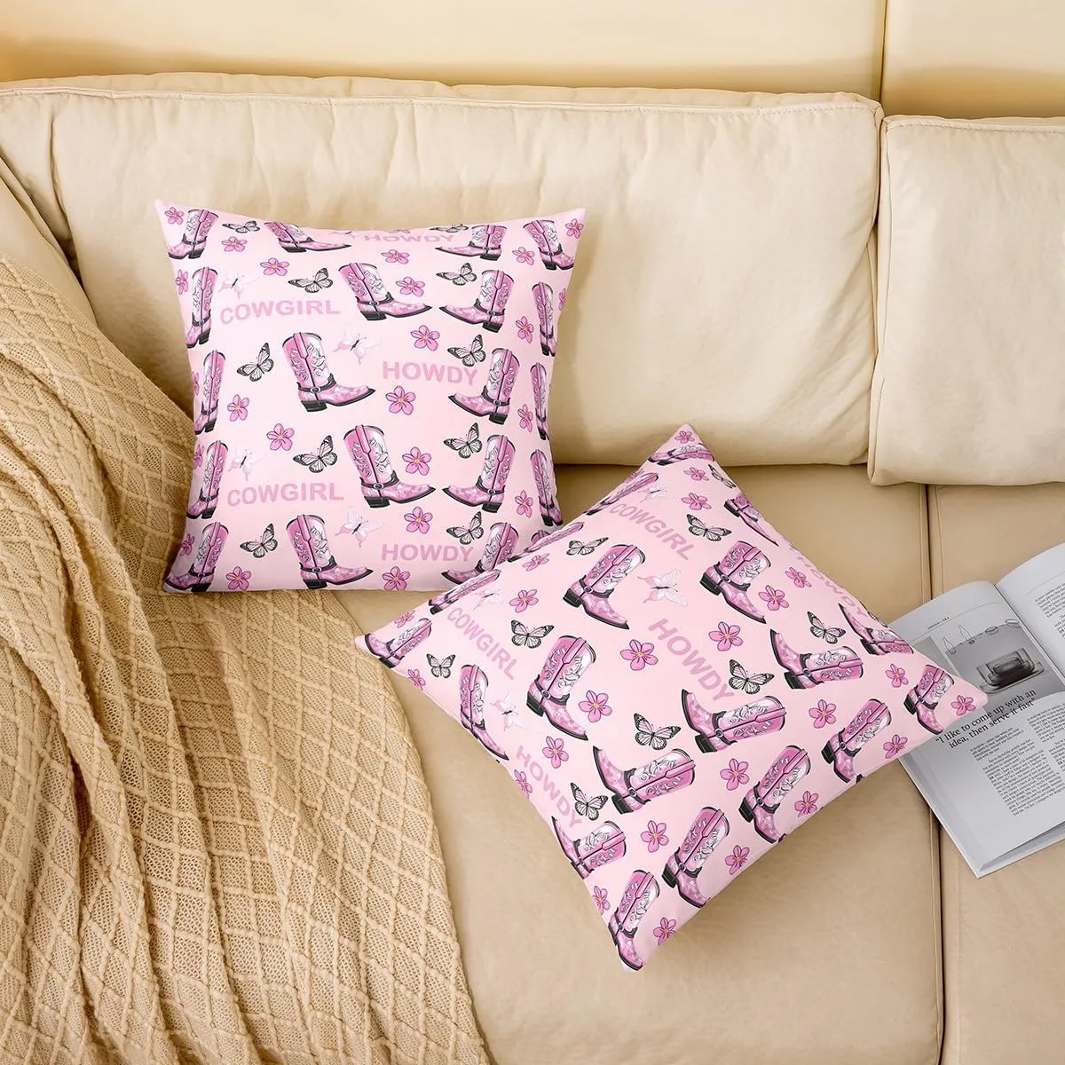 Set of 2 Cowgirls Throw Pillow Covers 20x20 Inch Boots Cushion Covers for Girls Women Floral Butterfly Gorgeous Black Pink Cushion Cases Soft Decorative Pillowcases