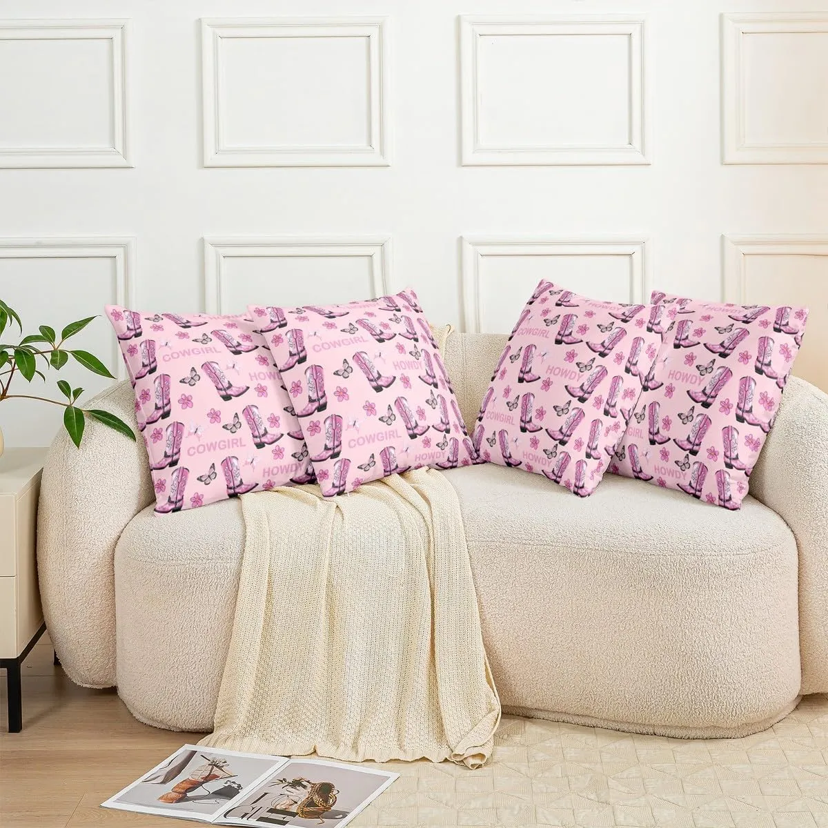 Set of 2 Cowgirls Throw Pillow Covers 20x20 Inch Boots Cushion Covers for Girls Women Floral Butterfly Gorgeous Black Pink Cushion Cases Soft Decorative Pillowcases