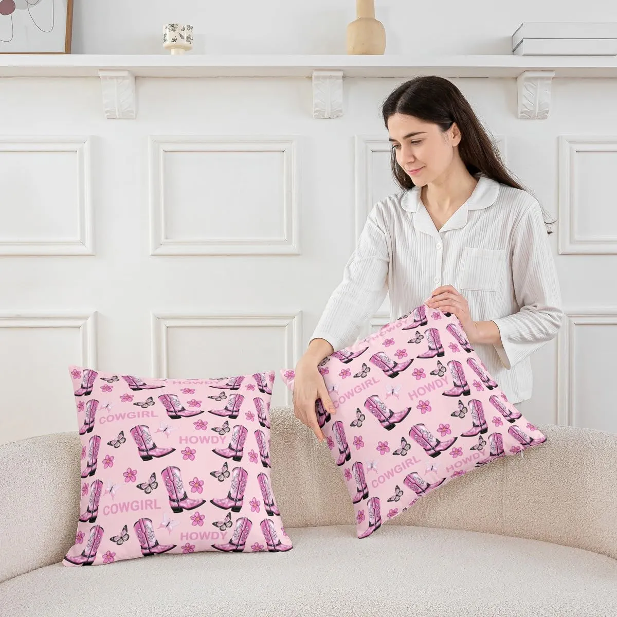 Set of 2 Cowgirls Throw Pillow Covers 20x20 Inch Boots Cushion Covers for Girls Women Floral Butterfly Gorgeous Black Pink Cushion Cases Soft Decorative Pillowcases
