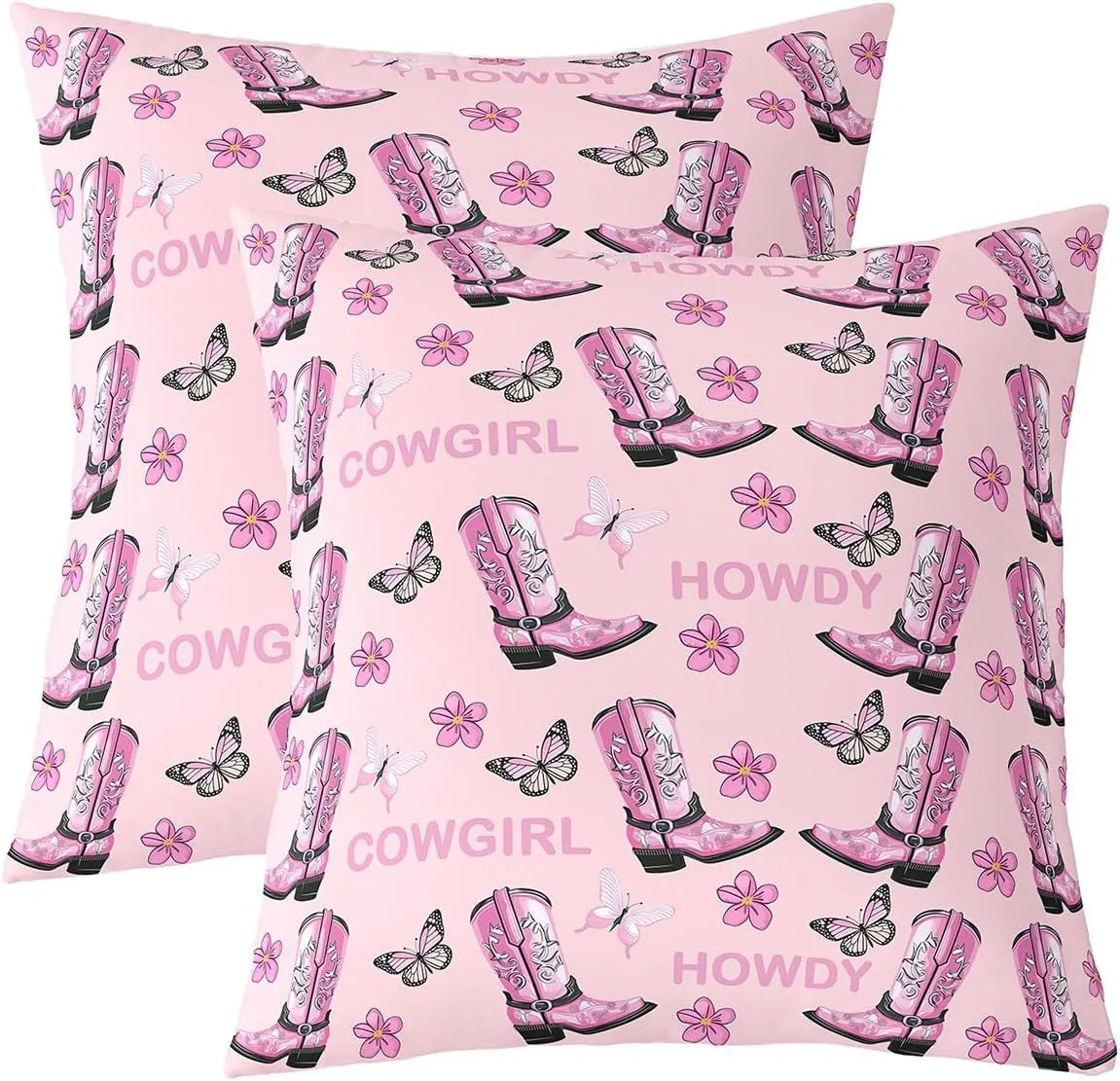 Set of 2 Cowgirls Throw Pillow Covers 20x20 Inch Boots Cushion Covers for Girls Women Floral Butterfly Gorgeous Black Pink Cushion Cases Soft Decorative Pillowcases