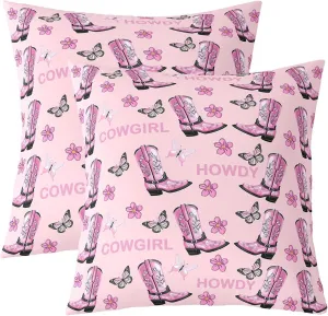 Set of 2 Cowgirls Throw Pillow Covers 20x20 Inch Boots Cushion Covers for Girls Women Floral Butterfly Gorgeous Black Pink Cushion Cases Soft Decorative Pillowcases
