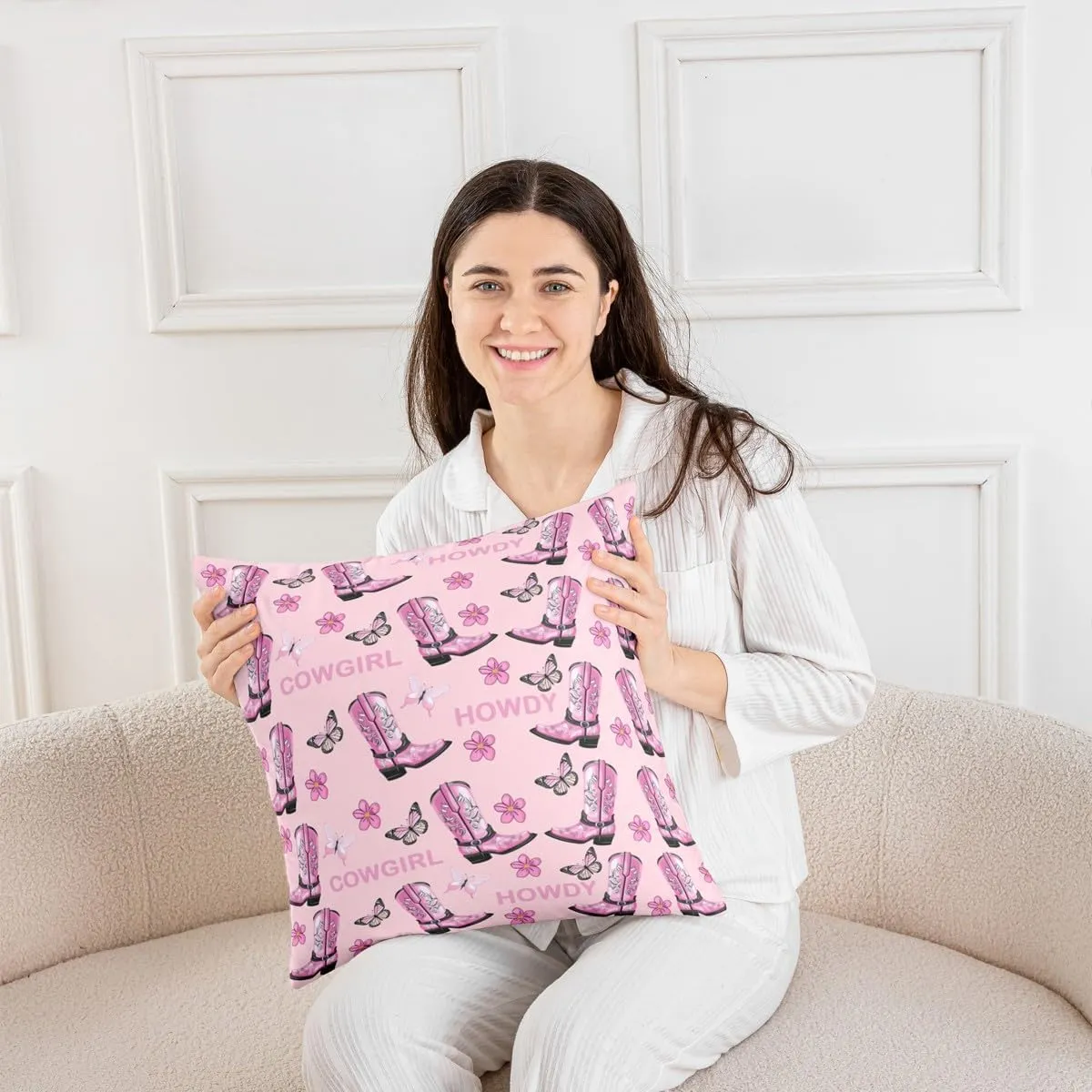 Set of 2 Cowgirls Throw Pillow Covers 20x20 Inch Boots Cushion Covers for Girls Women Floral Butterfly Gorgeous Black Pink Cushion Cases Soft Decorative Pillowcases