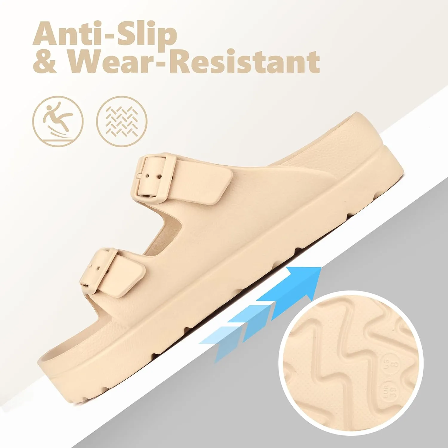 seticeo Women's Platform Sandals with Arch Support丨Foam Slip on Cloud Slides Sandals丨Summer EVA Beach Flat Sandals with Adjustable Buckle丨Thick Soles丨Ultra Cushion