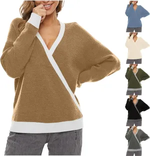 Sexy Cross Wrap v Neck Sweaters for Women Trendy Oversized Long Sleeve Knit Pullover Tops Ladies Casual Sweater