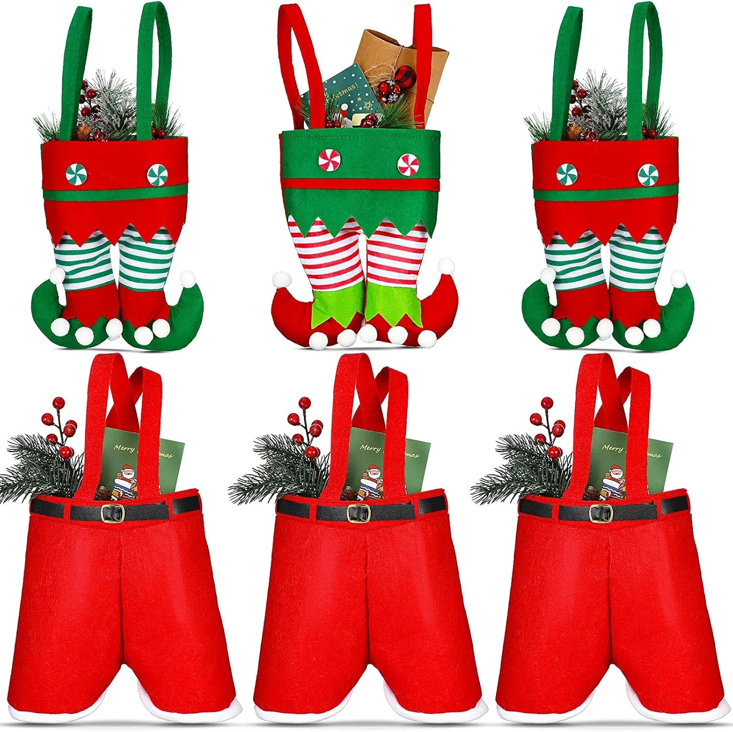 Shappy 6 Pieces Christmas Candy Bags Gift Santa Pants and Elf Boots Handbags Stocking Lovely Treat Xmas Goodies Bag for Men Women Party Favor Decorations
