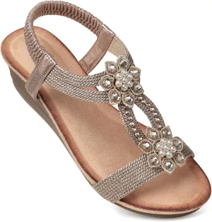 SHIBEVER Womens Wedge Sandals Flower Low Heel Dressy Sandals Elastic Ankle Strap Rhinestone Summer Comfortable Shoe