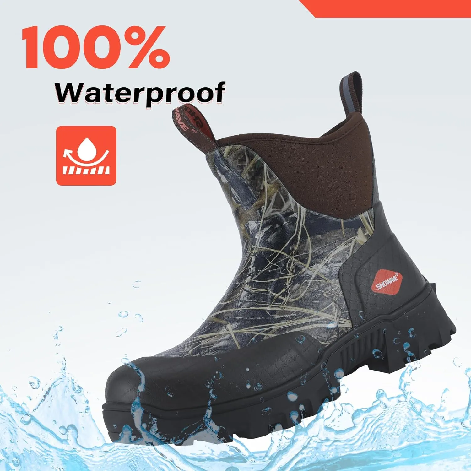 Showave Men's Short Rubber Boots Waterproof Rain Boots Insulated Working Booties with Comfortable Sports Sole