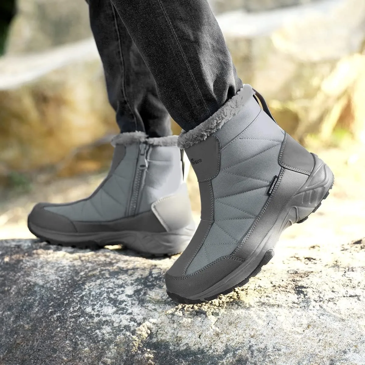 SILENTCARE Men's Warm Snow Boots, Fur Lined Waterproof Winter Shoes, Anti-Slip Lightweight Ankle Boot