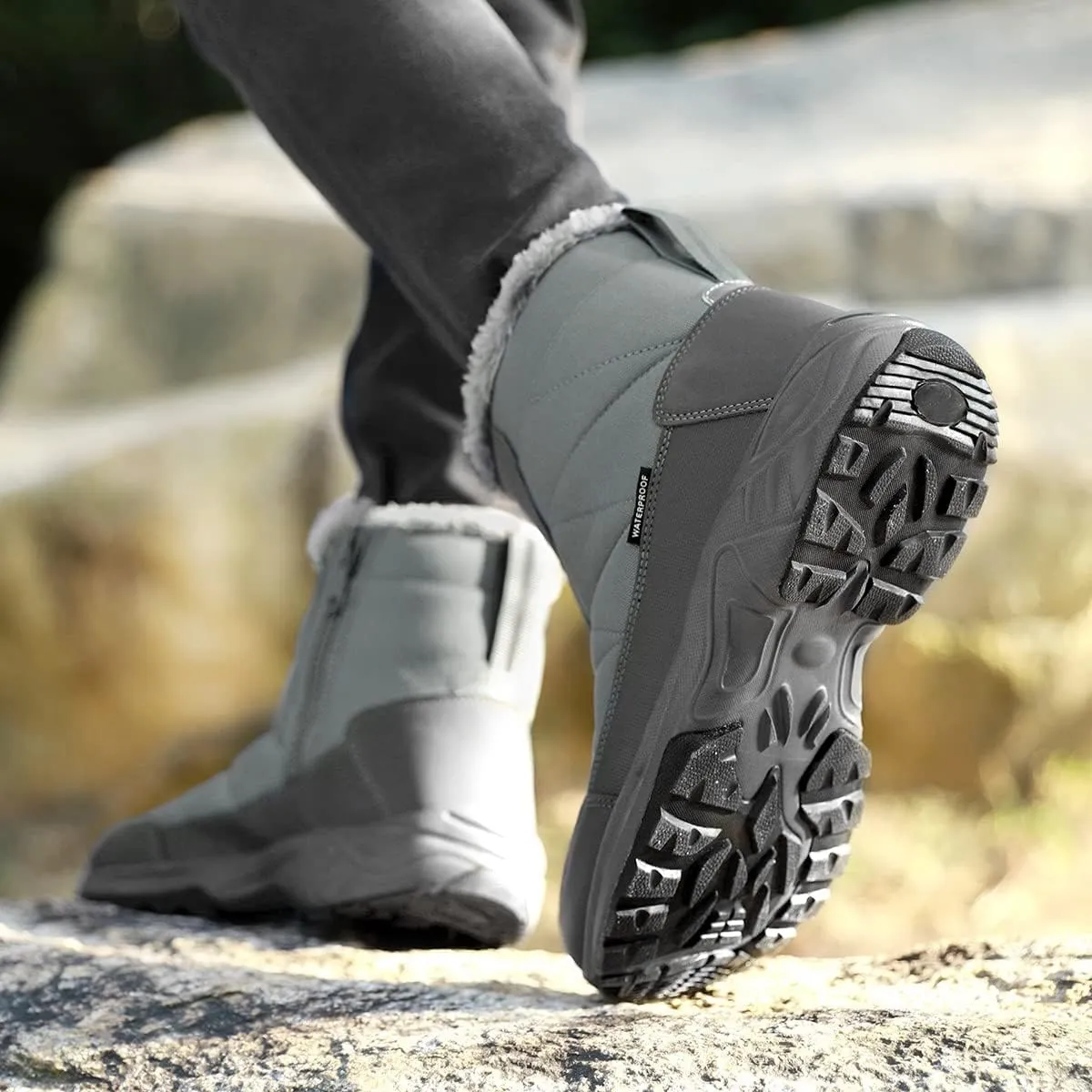 SILENTCARE Men's Warm Snow Boots, Fur Lined Waterproof Winter Shoes, Anti-Slip Lightweight Ankle Boot