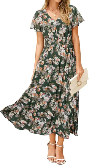 Simplee Womens Floral Maxi Dress - Short Sleeve Summer Boho Wedding Guest Dress Empire Waist Chiffon Modest Midi Dresses