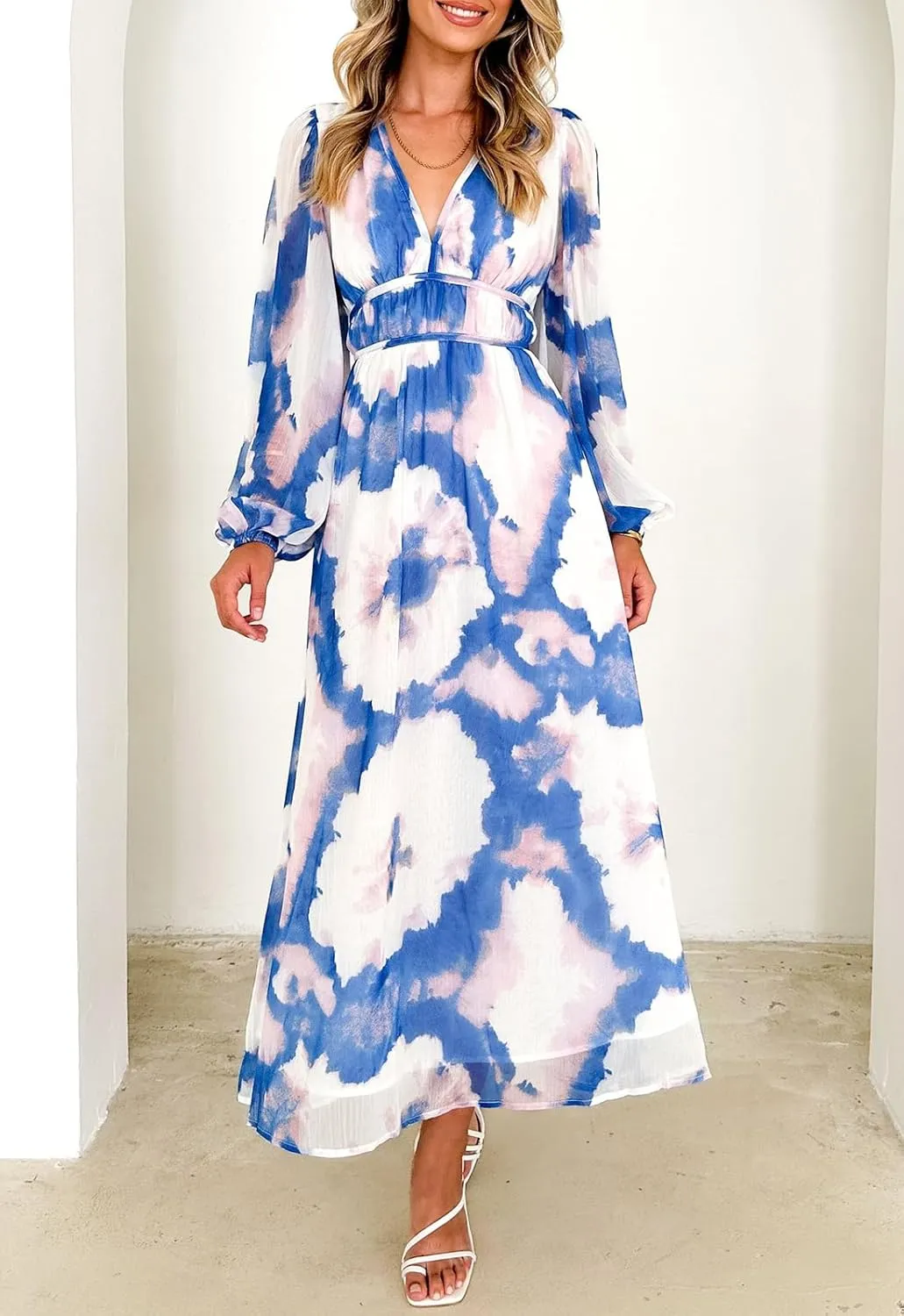 Sissyaki Women's Long Sleeve Boho Floral Maxi Dress Smocked Beach Flowy Dress