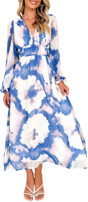 Sissyaki Women's Long Sleeve Boho Floral Maxi Dress Smocked Beach Flowy Dress