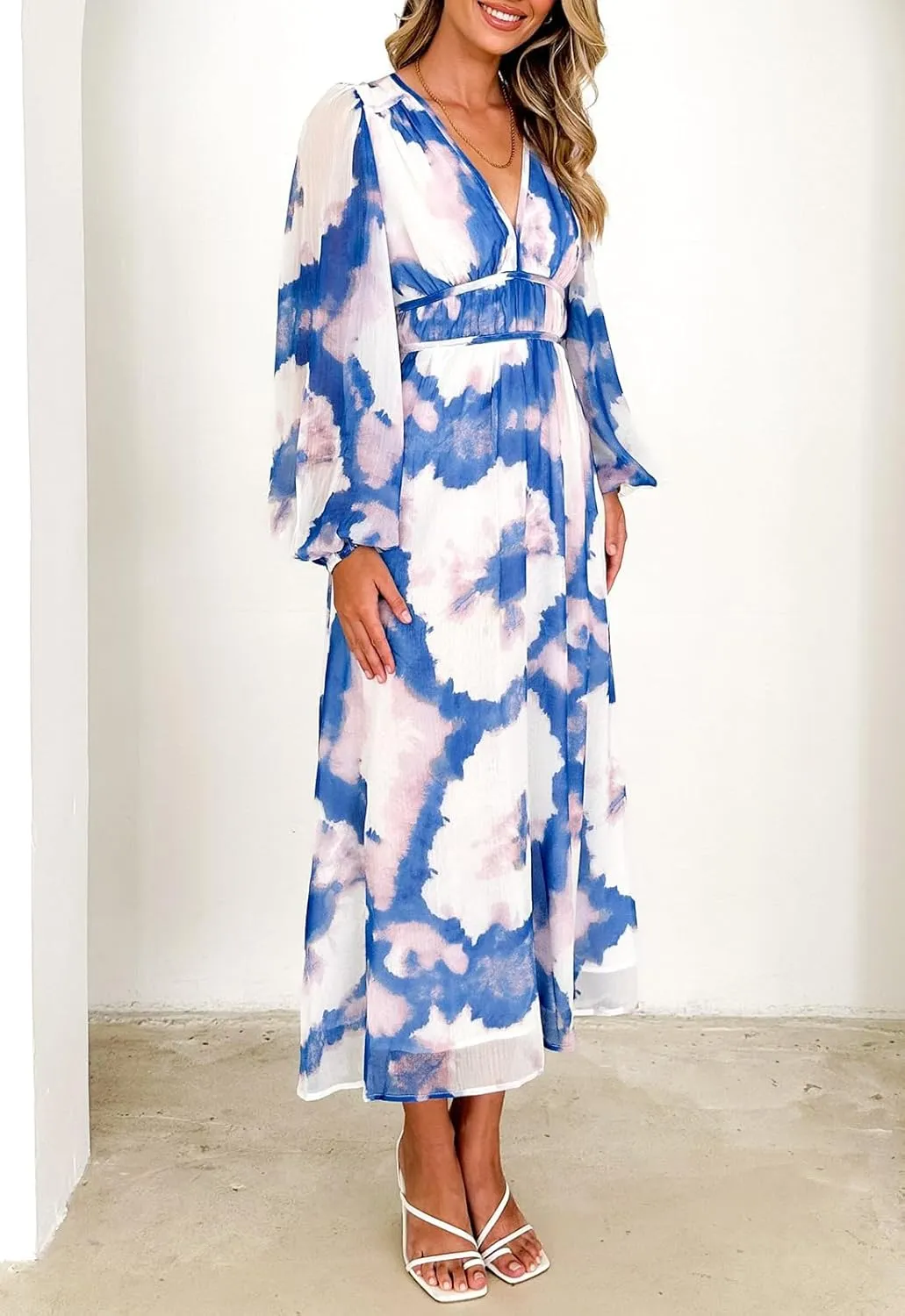 Sissyaki Women's Long Sleeve Boho Floral Maxi Dress Smocked Beach Flowy Dress