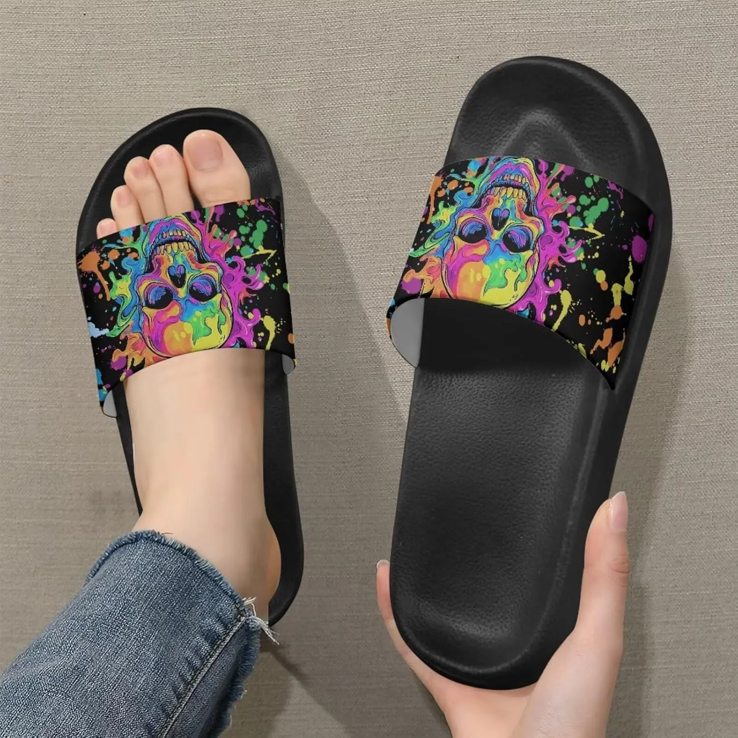 Skull Sandals Women Non-Slip Single Band Slide Sandals Non-Slip Soft Sole Flat Slippers For Indoor Outdoor