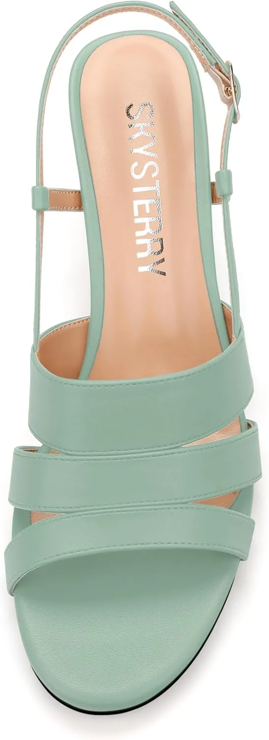 SKYSTERRY Low Kitten Strappy Slingback Heeled Sandals Open Round Toe Slip-On Ankle Buckle Matte Heels Trendy Shoes For Women Work Dress Dance Summer