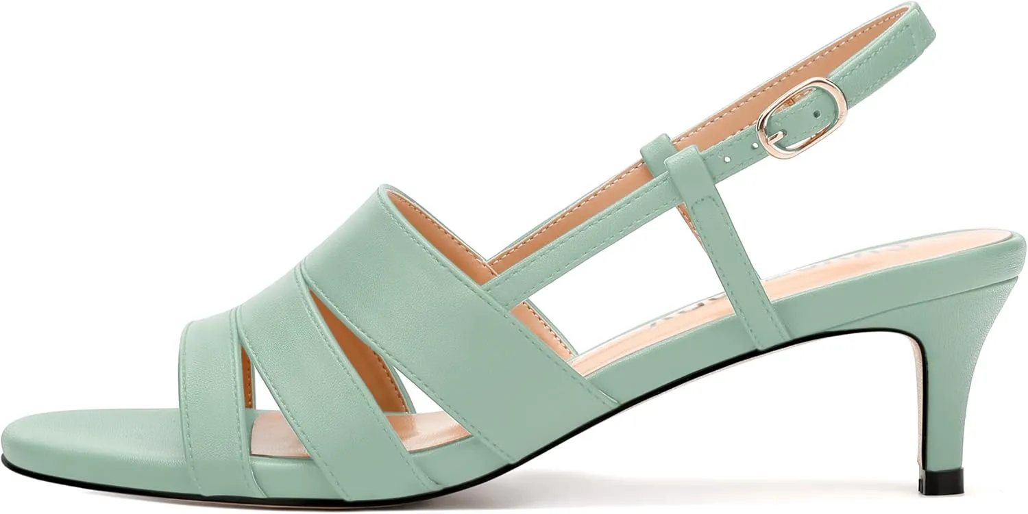SKYSTERRY Low Kitten Strappy Slingback Heeled Sandals Open Round Toe Slip-On Ankle Buckle Matte Heels Trendy Shoes For Women Work Dress Dance Summer