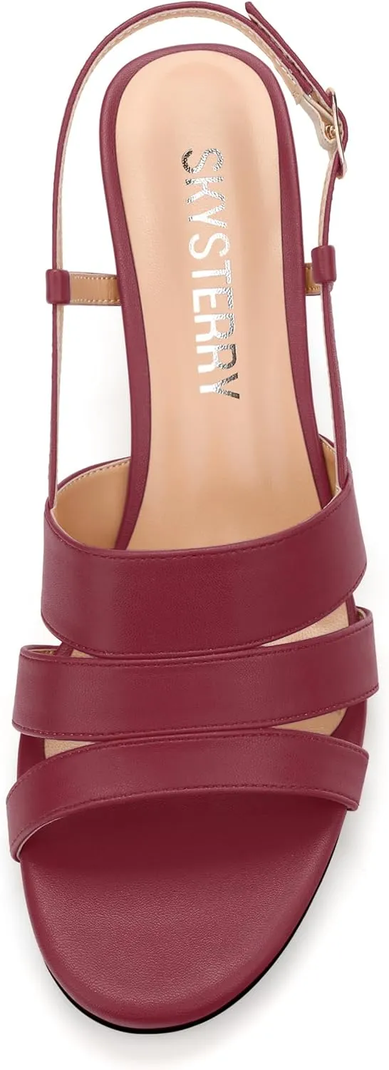 SKYSTERRY Low Kitten Strappy Slingback Heeled Sandals Open Round Toe Slip-On Ankle Buckle Matte Heels Trendy Shoes For Women Work Dress Dance Summer